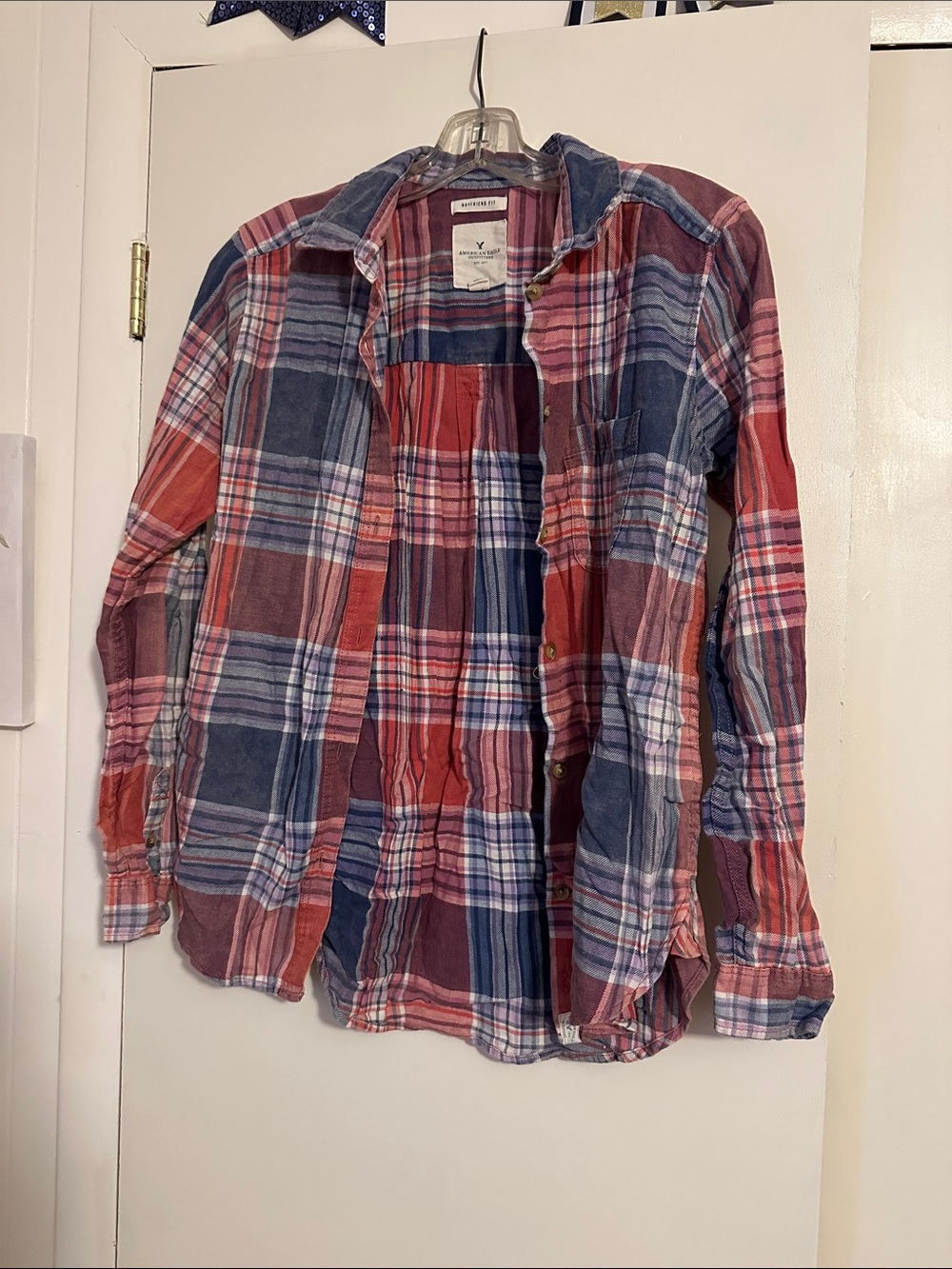 American Eagle Outfitters Red and Blue Plaid Button-Down Shirt